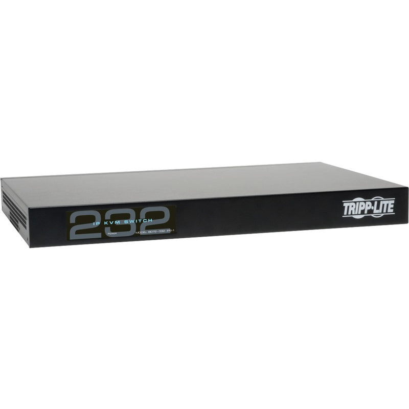 Front view of Tripp Lite B072-032-IP2-K KVM switch showing sleek black chassis with LED display