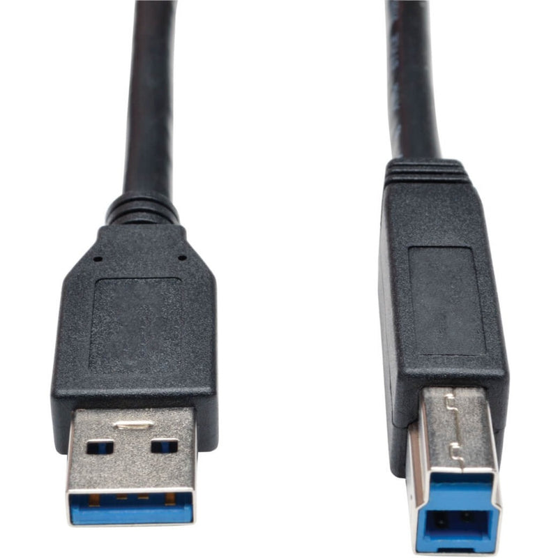 Close-up view of USB 3.0 Type A and Type B connectors showing blue SuperSpeed ports and black housing design