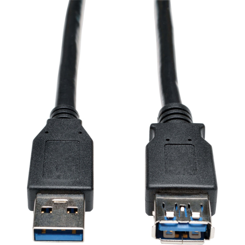 Close-up view of Tripp Lite USB 3.0 SuperSpeed cable connectors showing male and female Type A ends with blue internal components