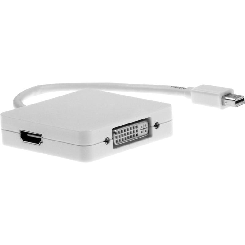 White Mini DisplayPort to HDMI adapter showing multiple ports and connectors in profile view