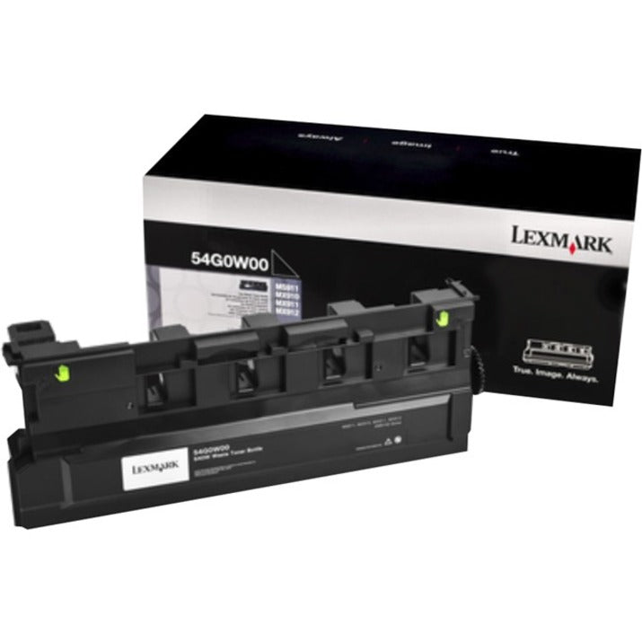 Lexmark 54G0W00 waste toner bottle shown with retail packaging and product detail featuring the collection unit with green indicator lights