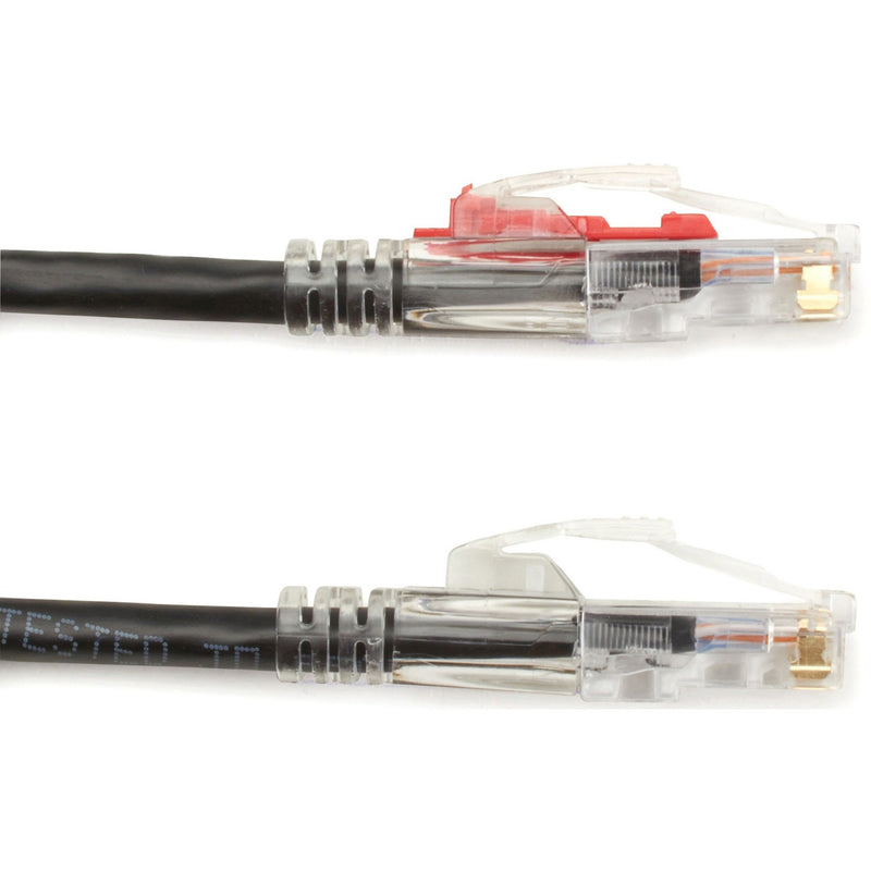 Detailed close-up of Cat.5e cable connector internal components and strain relief mechanism