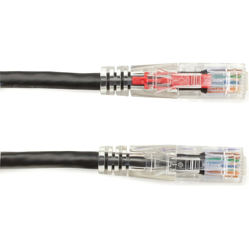 Side-by-side comparison of two Cat.5e cable ends showing LockPORT boot system with locking mechanisms