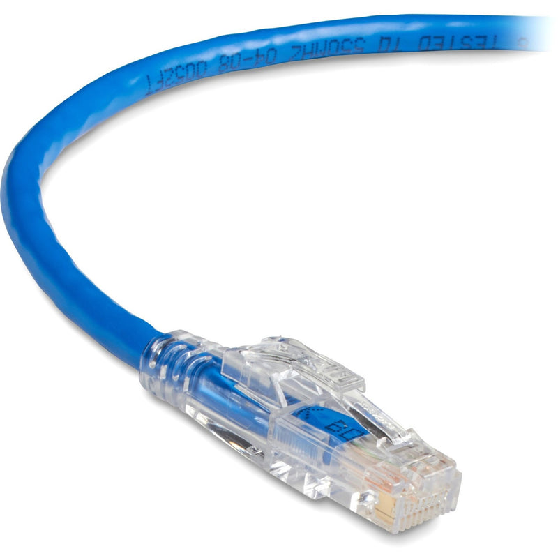 Curved view of GigaBase 3 Cat5e cable showing flexible blue PVC jacket and clear product markings