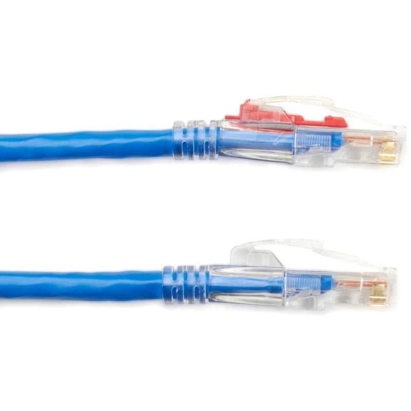 Side-by-side comparison of GigaBase 3 Cat5e cable ends showing red and blue locking mechanisms