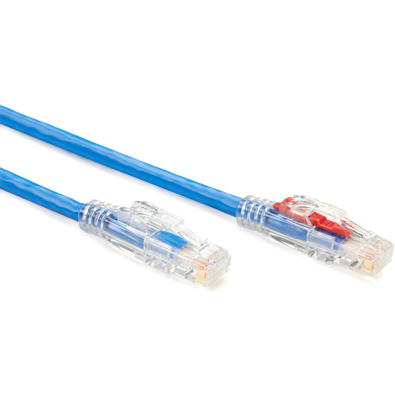 Comparison view of GigaBase 3 Cat5e cables showing secured and unsecured LockPORT configurations