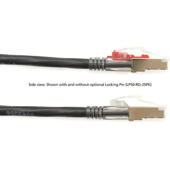 Side view comparison of CAT6A cable connectors with and without locking pin installed