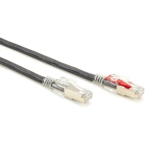 Both ends of the CAT6A cable showing standard and red-locked RJ-45 connectors