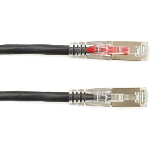 Side-by-side comparison of secured and unsecured RJ-45 connectors with red locking mechanism