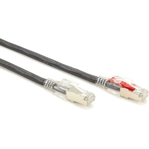 Comparison view of standard and security-locked RJ-45 connectors on black Cat.6 cable