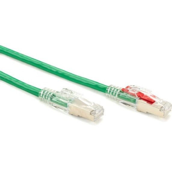 Both ends of GigaTrue 3 Cat.6 network cable showing clear RJ-45 connectors with green cable jacket