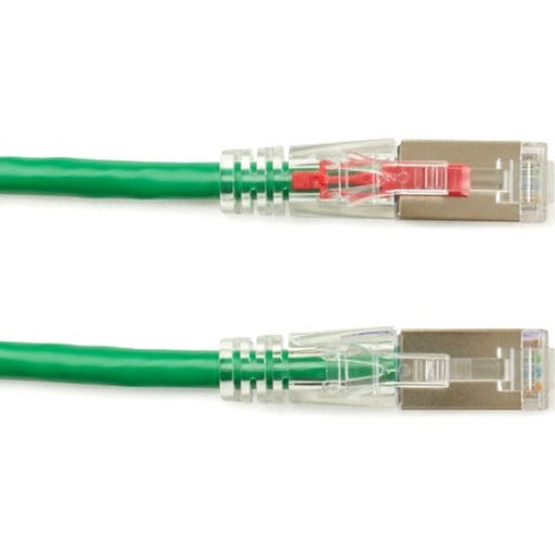 Close-up comparison of secured and unsecured RJ-45 connectors with red and green security pins