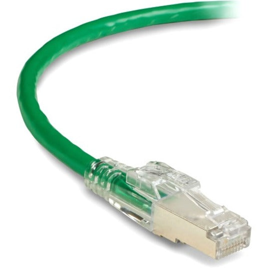 Close-up of gold-plated RJ-45 connector with green cable and clear housing on GigaTrue 3 Cat.6 network cable