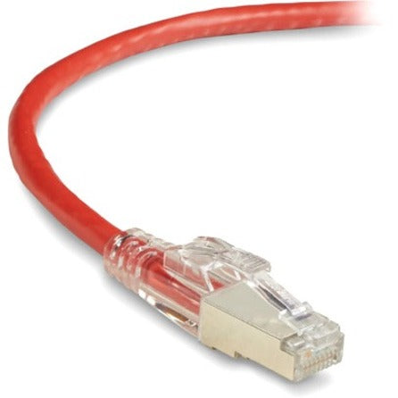 Close-up view of GigaTrue 3 Cat6 cable's gold-plated RJ-45 connector with red cable jacket