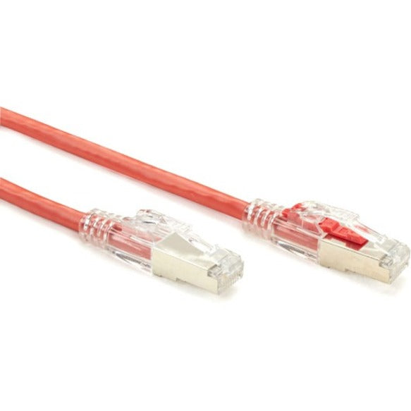 Full view of both ends of the red Cat6 network cable showing shielded RJ-45 connectors