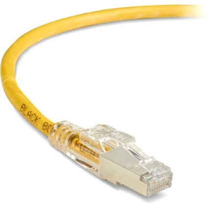 Close-up view of GigaTrue 3 Cat.6 cable's gold-plated RJ-45 connector with yellow cable jacket