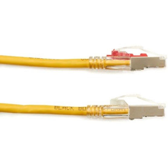 Comparison view of two yellow network cables showing standard and locked LockPORT configurations