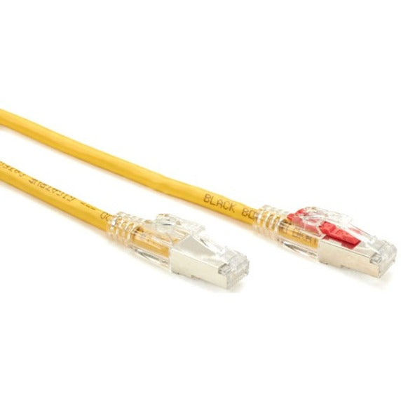 Detailed view of shielded RJ-45 connectors with strain relief on yellow Cat.6 cable