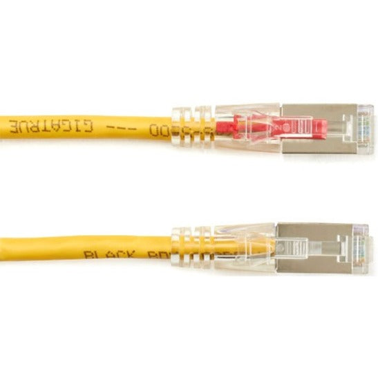 Side-by-side comparison of secured and standard RJ-45 connections on yellow Cat.6 cable