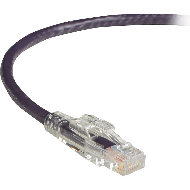 Close-up view of GigaTrue 3 Cat.6 cable's transparent RJ-45 connector with gold-plated contacts and purple cable jacket