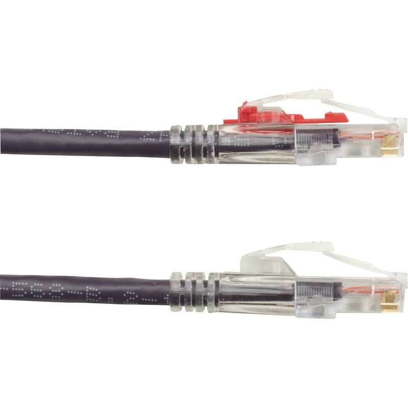 Detailed view of GigaTrue 3 cable's LockPORT locking mechanism and transparent connector design