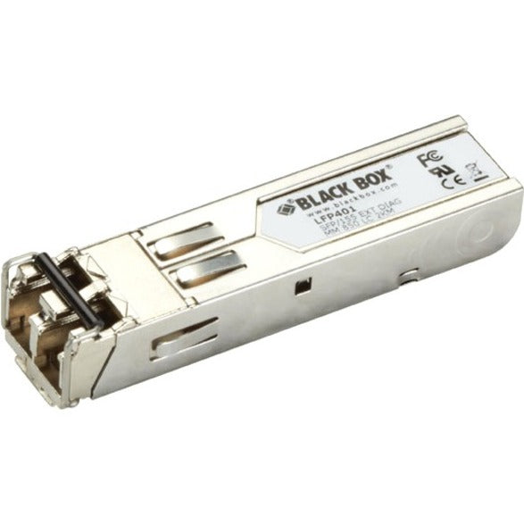 Black Box LFP401 SFP transceiver module with LC connector interface, featuring metal housing and diagnostic capabilities