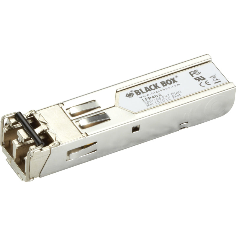 Black Box LFP402 SFP transceiver module with LC connector interface and metallic housing showing product labeling