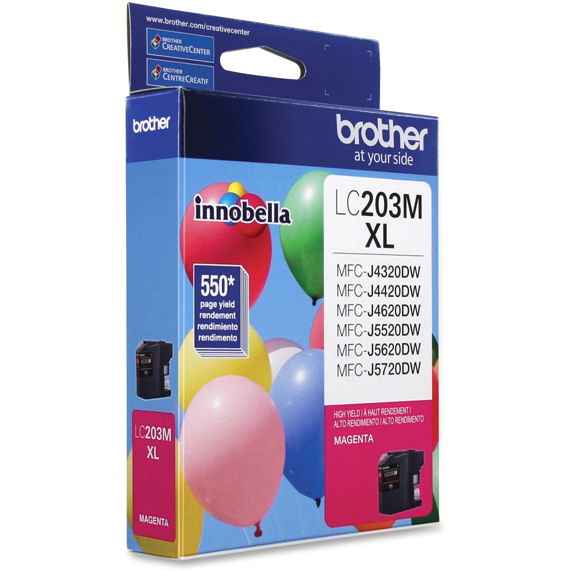 Side angle view of Brother LC203M XL magenta ink cartridge box showing product details and printer compatibility-alternate-image2