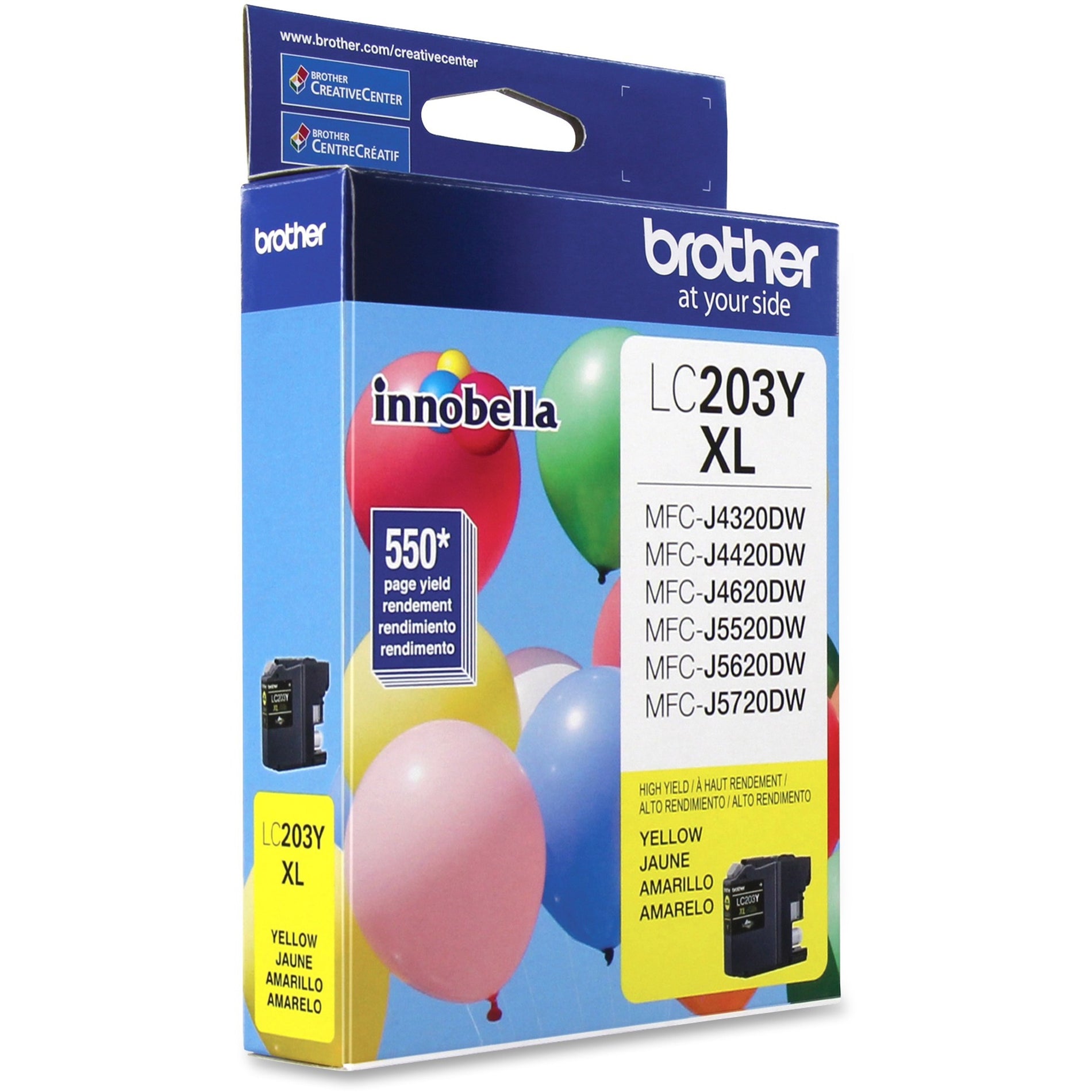 Side angle view of Brother LC203Y XL yellow ink cartridge package showing printer compatibility list-alternate-image2