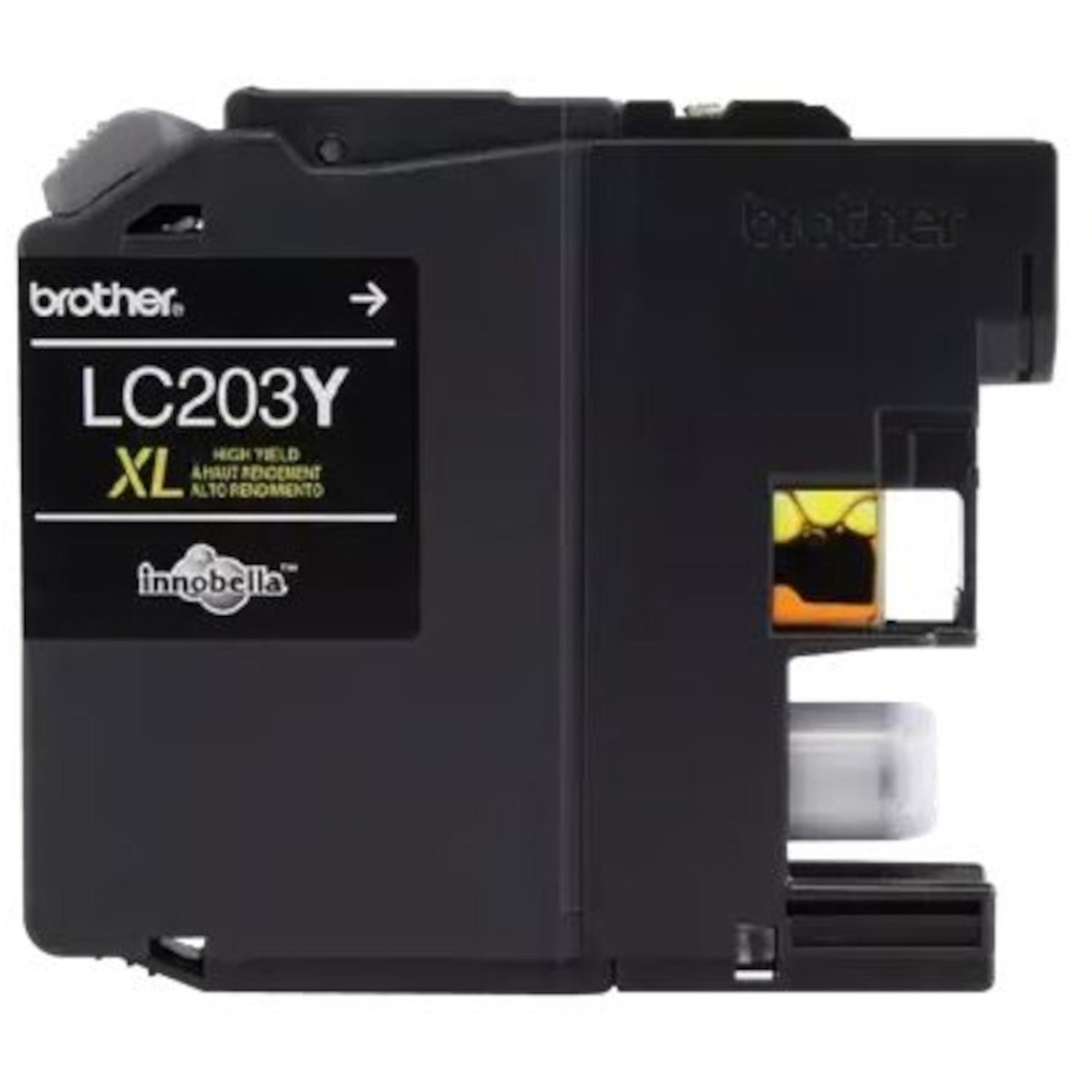 Close-up view of Brother LC203Y XL yellow ink cartridge showing design details-alternate-image5