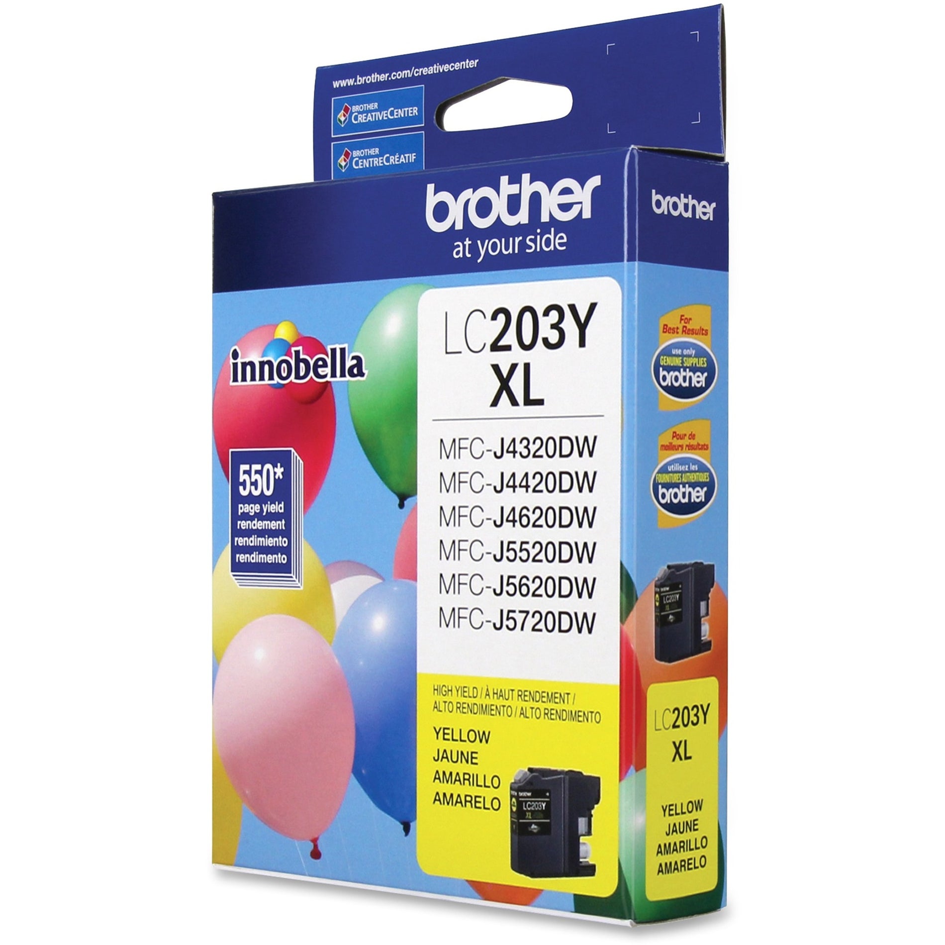 Three-quarter view of Brother LC203Y XL cartridge package showing quality seals and multiple language text-alternate-image3