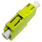 Yellow LC fiber optic adapter with white end caps showing female-to-female simplex connection ports-alternate-image1