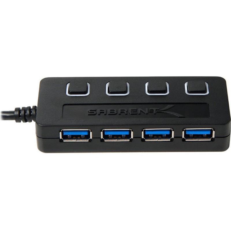 Sabrent 4-Port USB 3.0 Hub showing individual power switches and blue USB ports on black housing