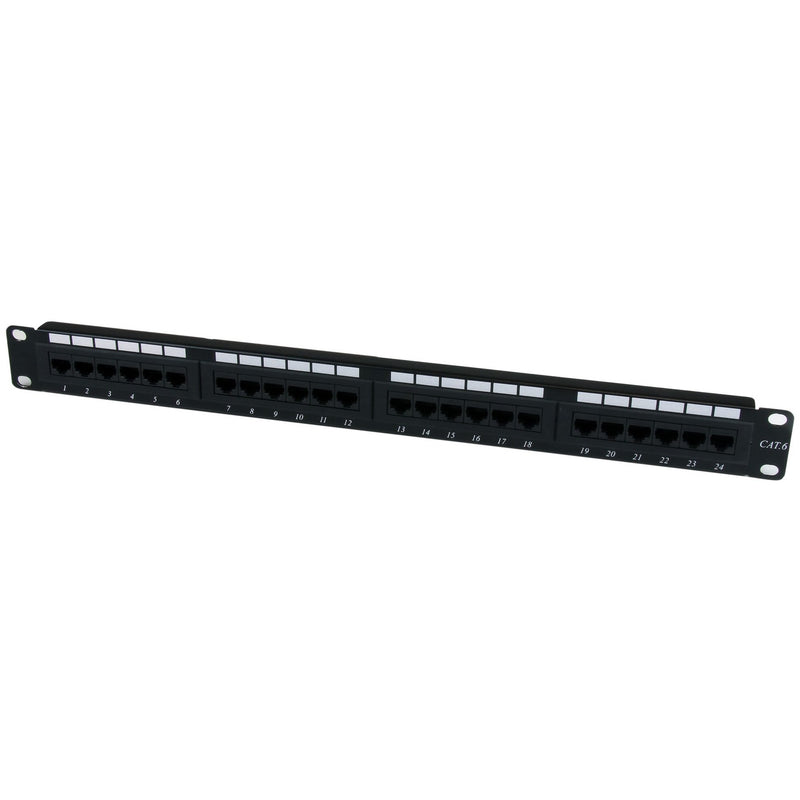 Front view of StarTech.com 24-port Cat6 patch panel showing numbered RJ45 ports in 1U rack mount format