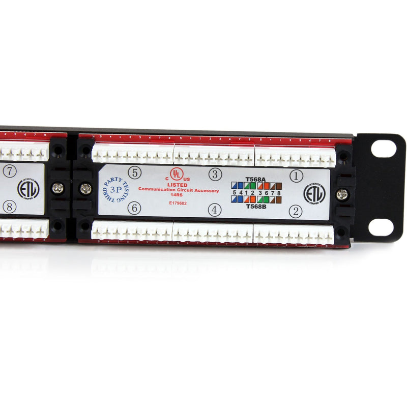 Detailed view of certification labels and wiring diagrams on StarTech.com Cat6 patch panel