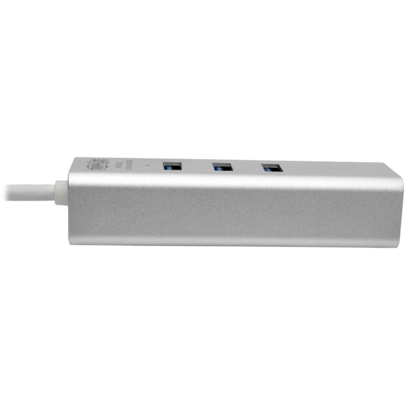 Side view of Tripp Lite USB hub showing aluminum housing and three USB ports