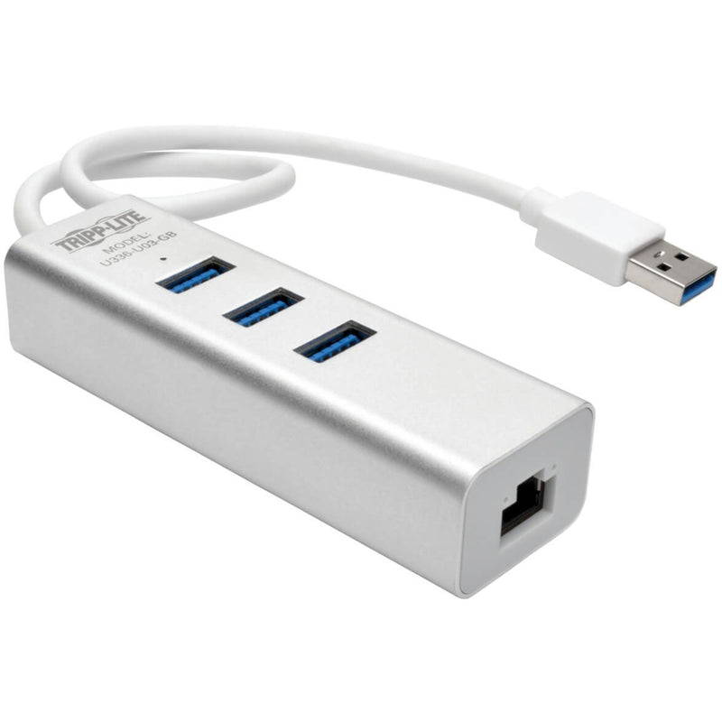 Tripp Lite USB 3.0 hub with three blue USB ports and one Ethernet port in silver aluminum housing