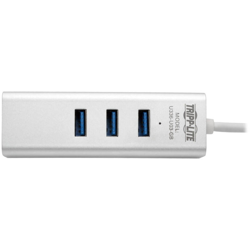 Close-up of USB 3.0 ports with blue identifiers on Tripp Lite hub