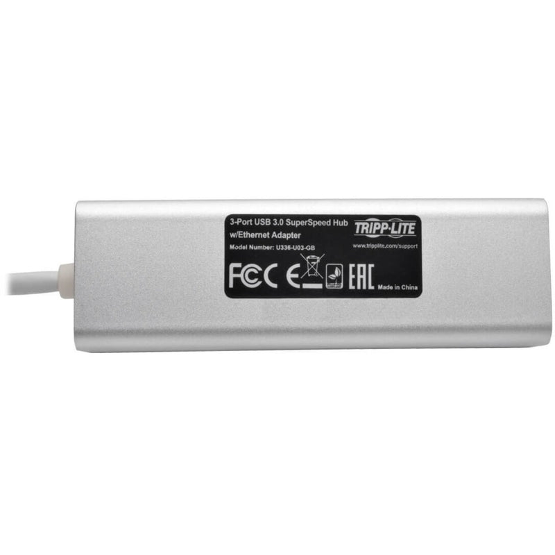 Certification markings on Tripp Lite USB hub including FCC and CE