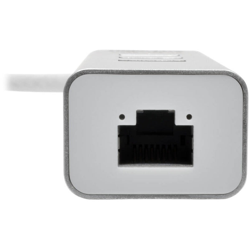 Close-up view of RJ45 Ethernet port on Tripp Lite USB hub adapter