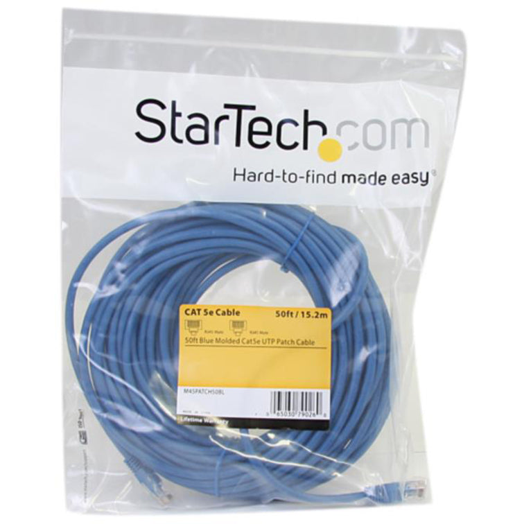 StarTech.com Cat5e cable in retail packaging showing 50ft length specification and product details