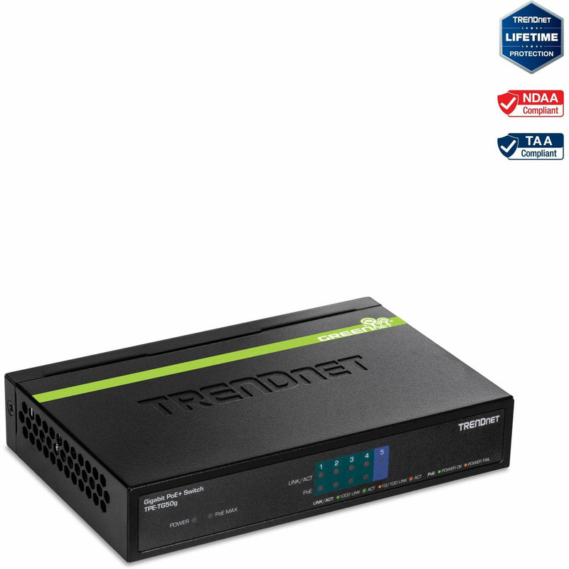 TRENDnet TPE-TG50g 5-port Gigabit PoE+ switch with lifetime protection badge and compliance certifications