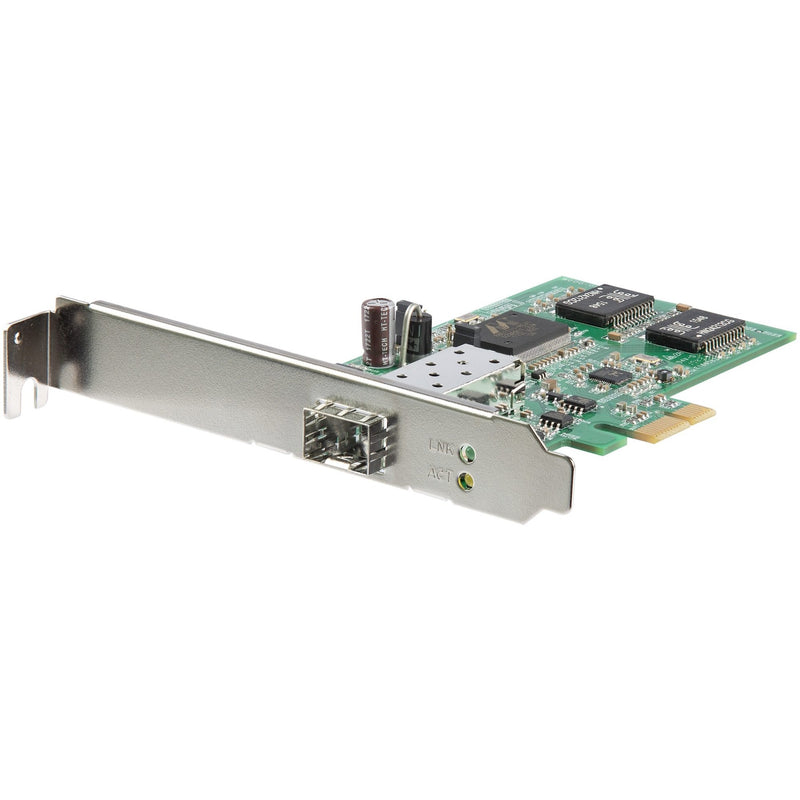 StarTech.com PCI Express Gigabit fiber network card with SFP slot and metal bracket shown from angled perspective