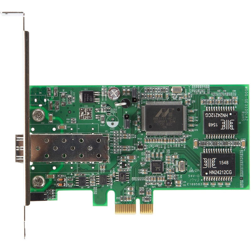 Top-down view of the PCI Express network card's green PCB showing detailed circuit layout and components