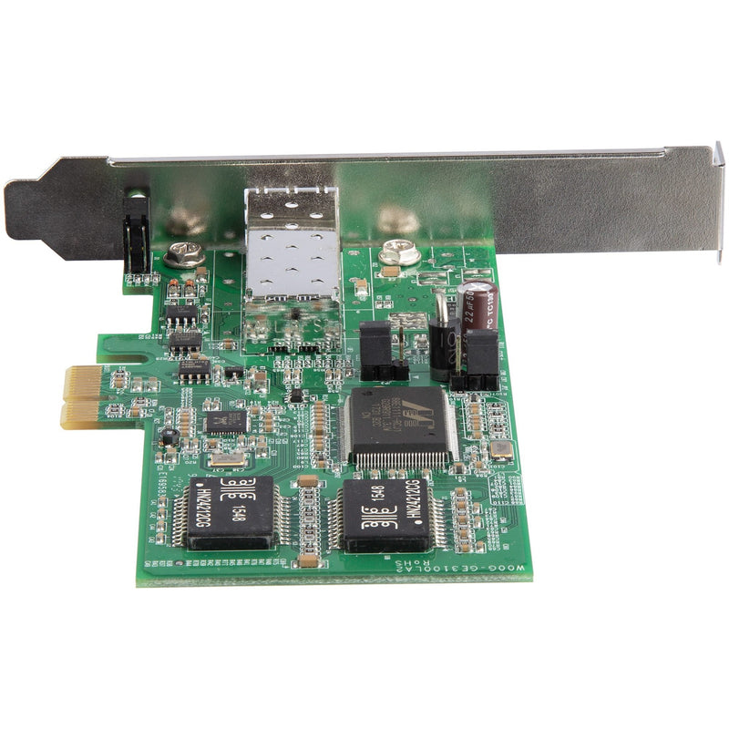 Detailed view of the network card's component layout and SFP cage from an angled perspective