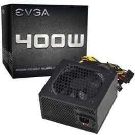 EVGA 400W power supply unit with black housing and yellow-accented cable connectors, shown with retail packaging-alternate-image1