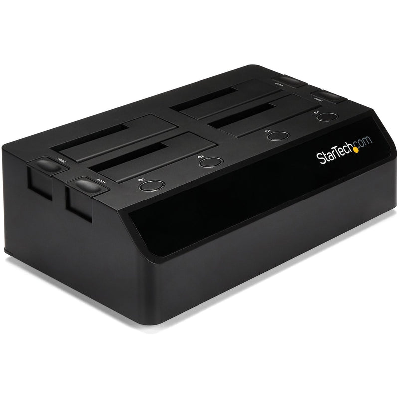 Front angled view of StarTech.com 4-bay drive dock showing four drive slots and power buttons