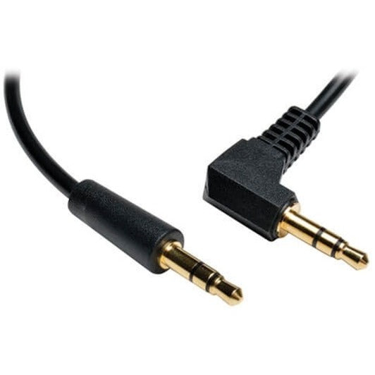 Close-up view of 3.5mm audio cable showing straight and right-angle gold-plated connectors