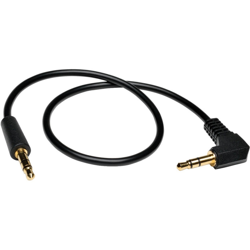 Black 3.5mm stereo audio cable with gold-plated straight and right-angle connectors