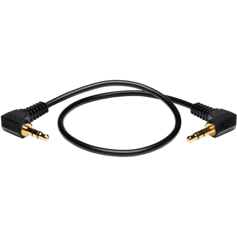 Black 3.5mm stereo audio cable with right angle gold-plated connectors shown in full length view